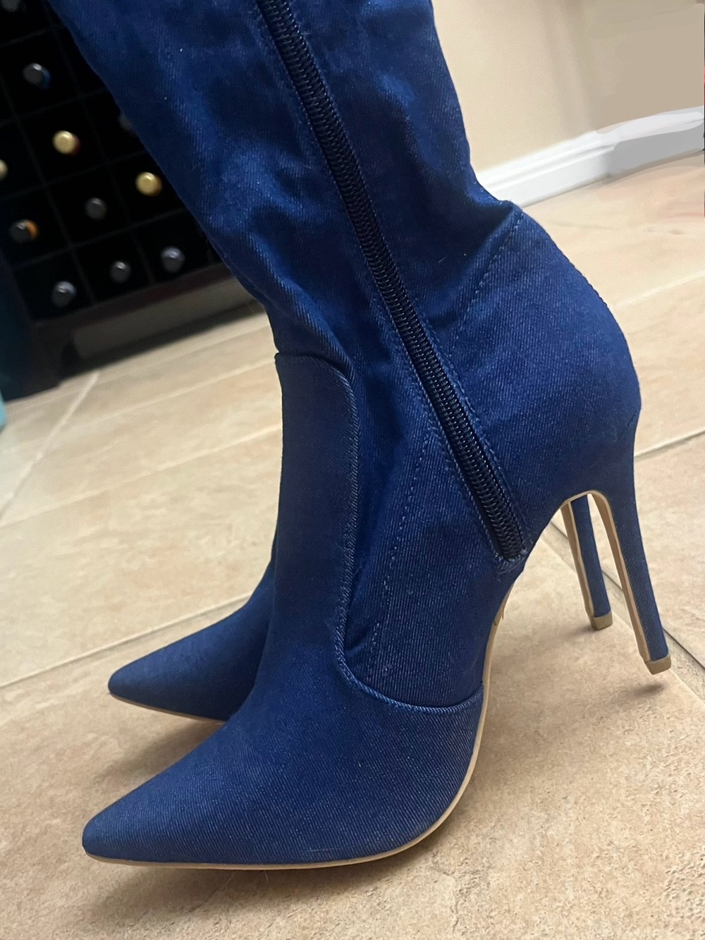 Cape Robin Blue Stretch Denim Jean Thigh High Pointy Toe Stiletto Heel Boots 6.5 - Picture 2 of 13